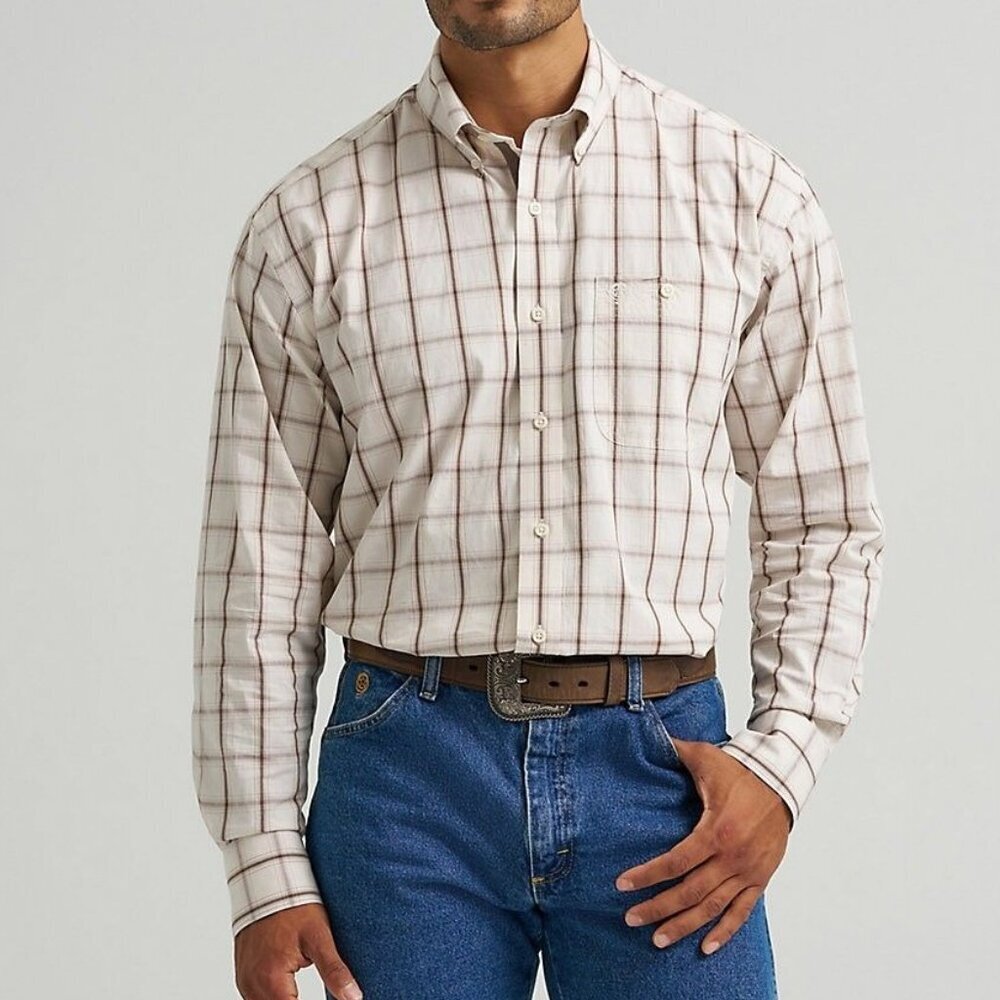 Wrangler George Strait Men's Long Sleeve Plaid Button Shirt Cream/Brown 11236822